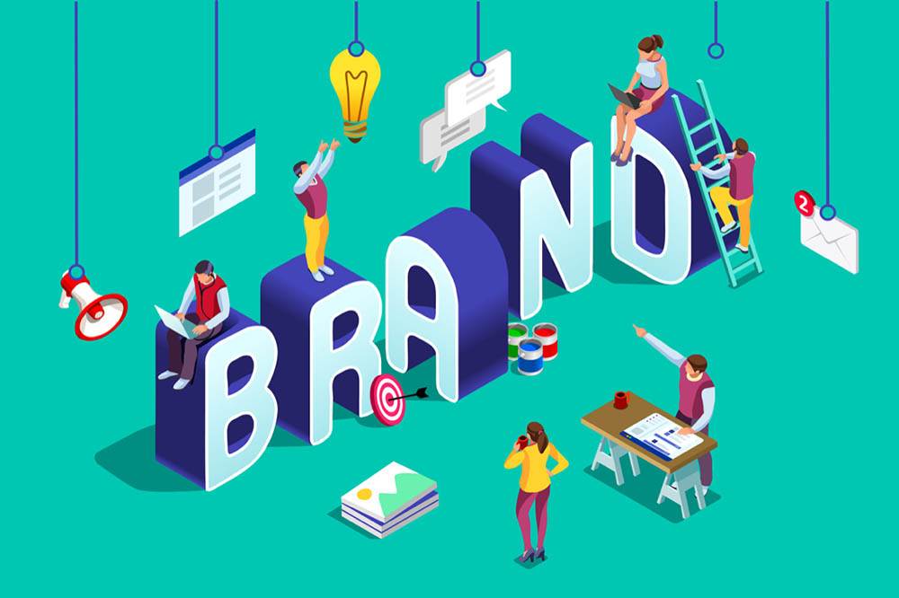 Brand vector text with employers working on branding design