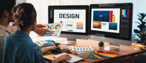 designer creating a logo and color palette on a screen